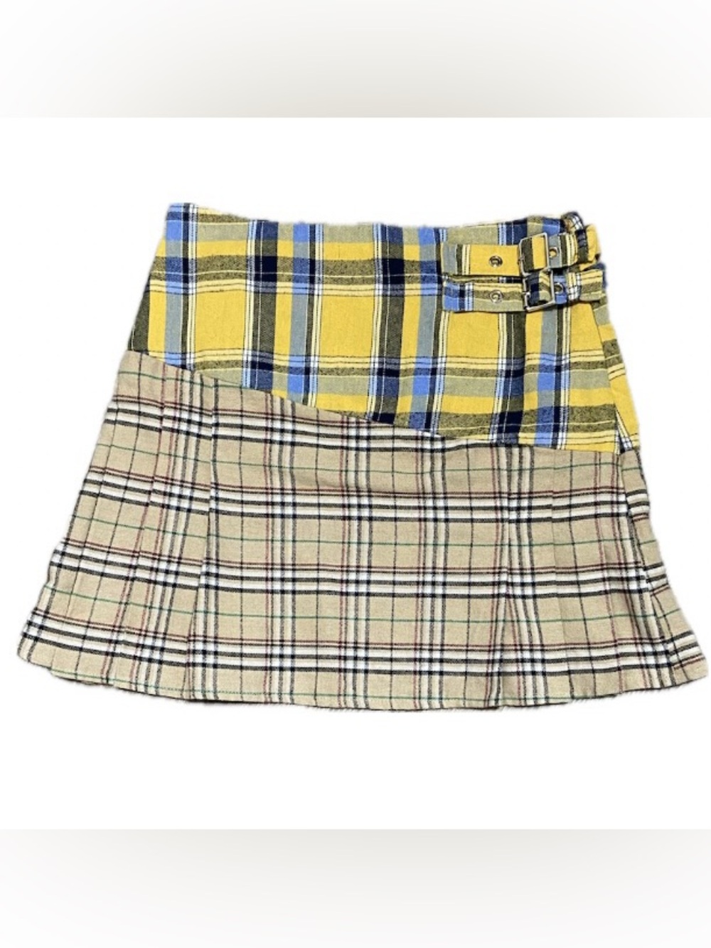 Mixed Plaid Asymmetrical Pleated Mini Kilt Skirt  Buckle Detail 90s Y2K Grunge
